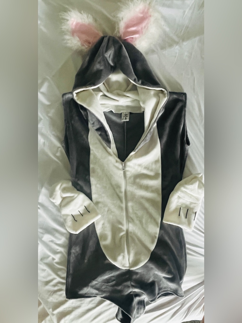 Yandy Gray & White Plush Bunny Hooded Romper with Bunny Ear Headband
